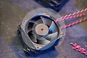 Active CPU Cooler..Computer fan parts lye on the table