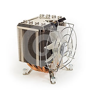 Active CPU heatsink with fan on white background close-up
