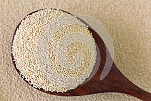 Active dry Baking yeast granules in wooden spoon photo