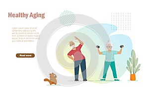 Active elderly couple exercising at home to maintain in good health. Healthy aging, senior care concept