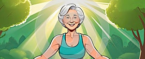 active elderly ladies doing sports on natural background, active lifestyle, healthy ageing