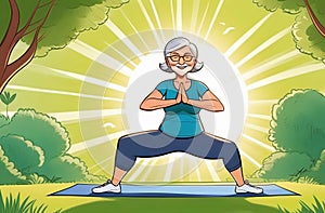 active elderly ladies doing sports on natural background, active lifestyle, healthy ageing