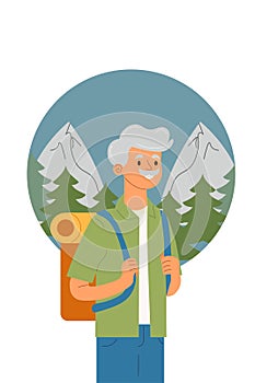 active elderly man on camping trip. flat vector illustration. white background. travel and tourism