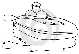 An active elderly man rowing on a rubber inflatable boat on the sea water. Real people. A copy of the space