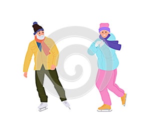 Active elderly people cartoon characters skating on ice rink enjoying winter sport leisure time