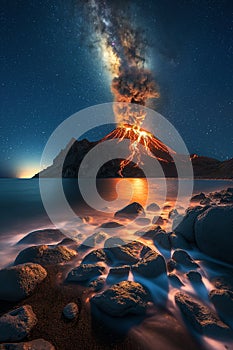 active erupting volcano on ocean coast against background of starry night sky