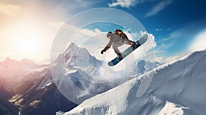 Active, extreme snowboarder jumping at speed at a ski resort, during vacation and winter holidays.