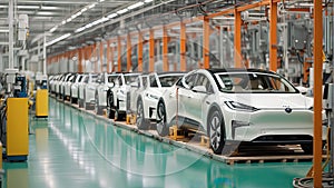 An active factory\'s mass production of white cars assembly line for electric vehicle batteries