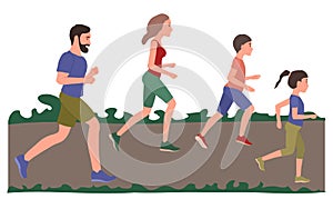 Active Family with children running or jogging for sport and better fitness. Happy people care about their health.