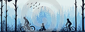 Active family cycling in forest. Mother, father, child, blue silhouette horizontal illustration. Healthy lifestyle outdoor activ