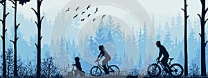 Active family cycling in forest. Mother, father, child, blue silhouette horizontal illustration. Healthy lifestyle outdoor activ