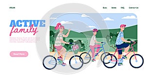 Active family cycling in park landing page, flat cartoon vector illustration