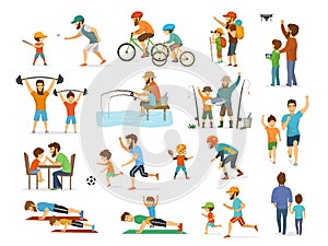 Active family father and son collection, man and boy playing american football, soccer ball, flying drone, riding bike fishing ex