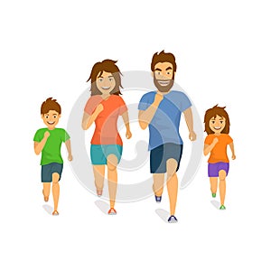 Active family man woman boy girl parents and children running jogging together front view cartoon isolated vector illustration