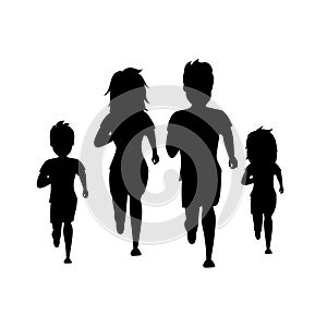 Active family man woman boy girl parents and children running jogging together front view silhouettes isolated vector illustration