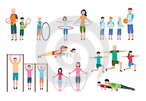 Active family. People, kids doing fitness exercises. Sports lifestyle vector flat characters