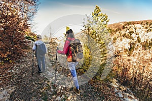 Family vacation leisure with kids. Children hiking on beautiful autumn day