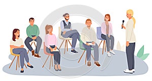 Active female holding microphone and talking to group of young people