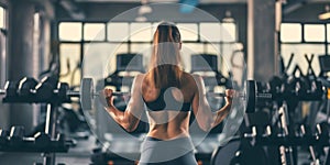 Active Female Participating In Group Workout Using Dumbbell In A Contemporary Gym