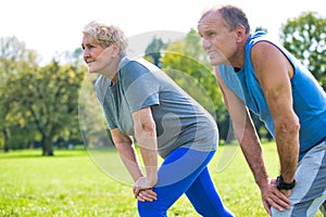 Active flexible senior couple stretching leg in park on sunny day