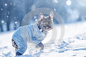 Active French Bulldog dog running and playing in the snow on the nature