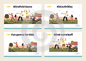 Active funny family games outdoors concept of set of landing pages with kids and parents playing