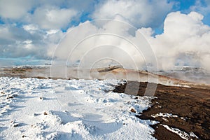 Active geothermal area Gunnuhver at winter, Reykjanes Peninsula, Iceland