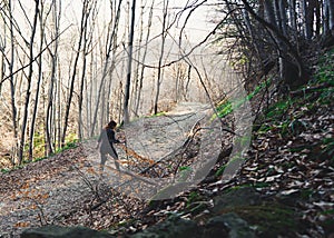 Active Girl hiking in the forest with a stick