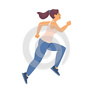 Active girl in sportswear running marathon or female runner athlete training.