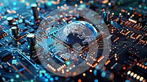 Active global trade, global market. Global electronics market, computer technological connections with the whole world,