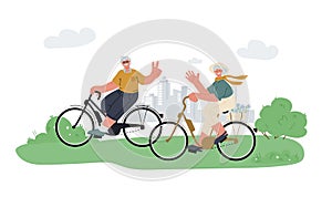 Active grandfather, grandmother ride e-bike in parkrelax.Active outdoor seniors life.Summer activity.Vector illustration