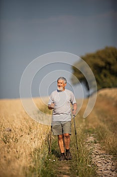 Active handsome senior man nordic walking outdoors