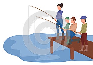 Active happy family on a fishing trip. On summer weekends, parents and children spend their free time in nature. The