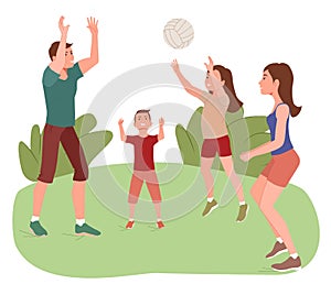 Active happy family playing with a ball outdoors. On summer weekends, parents and children spend their free time in