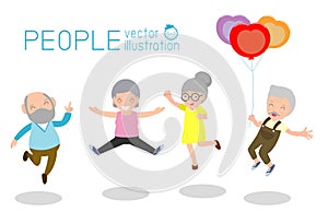 Active and happy old senior couple jumping, Group of elderly people jumping together, cartoon old people dancing with joy