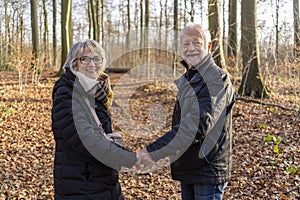 Active, happy senior couple walking in autumn forest