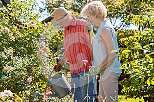 Active happy senior woman standing next to her husband during garden work