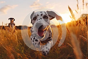 Active healthy Dalmatian dog running with open mouth sticking out tongue on the grass on a bright day