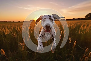 Active healthy Dalmatian dog running with open mouth sticking out tongue on the grass on a bright day
