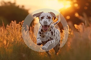 Active healthy Dalmatian dog running with open mouth sticking out tongue on the grass on a bright day