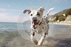 Active healthy Dalmatian dog running with open mouth sticking out tongue on the sand on the background of beach in