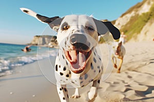 Active healthy Dalmatian dog running with open mouth sticking out tongue on the sand on the background of beach in