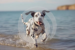 Active healthy Dalmatian dog running with open mouth sticking out tongue on the sand on the background of beach in