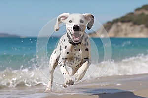 Active healthy Dalmatian dog running with open mouth sticking out tongue on the sand on the background of beach in