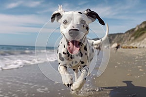 Active healthy Dalmatian dog running with open mouth sticking out tongue on the sand on the background of beach in