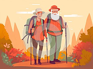 active hiking grandfather trekking senior old walking elderly couple happy. Generative AI.