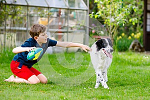 Active kid boy playing with family dog in garden. Laughing school child having fun with dog, with running and playing