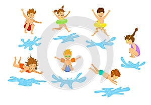 Active kids children, boys and girls diving jumping into swimming pool water