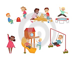 Active Kids Playing at Playground Having Fun Vector Set