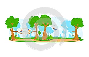 Active leisure at adventure rope park, vector illustration. Active outdoor recreation at high forest tree nature, sport